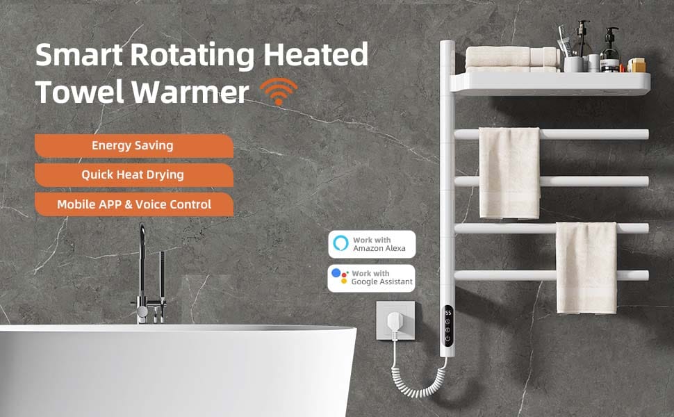 SIOYIE Smart Rotating Heated Towel Rack For Bathroom, Wall-Mounted Electric Towel Dryer With Swivel Bars & Shelf, Smart Timer, Low Carbon Steel, Plug-in/Hardwired, Towel Warmer With Wi-Fi App Control_voghion.com